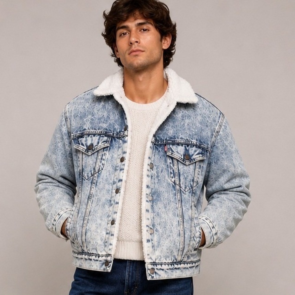 Vintage Levis 80s Acid Wash Sherpa Lined Denim Trucker Jacket Mens USA‎ L
